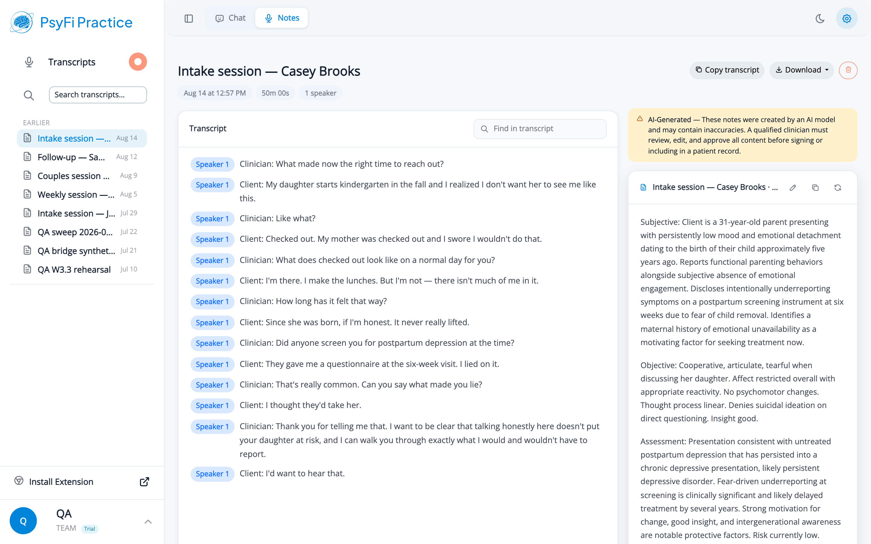 A completed PsyFi Notes transcript with speaker-labelled conversation turns on the left and an AI-generated SOAP note on the right beneath an amber AI-Generated review banner