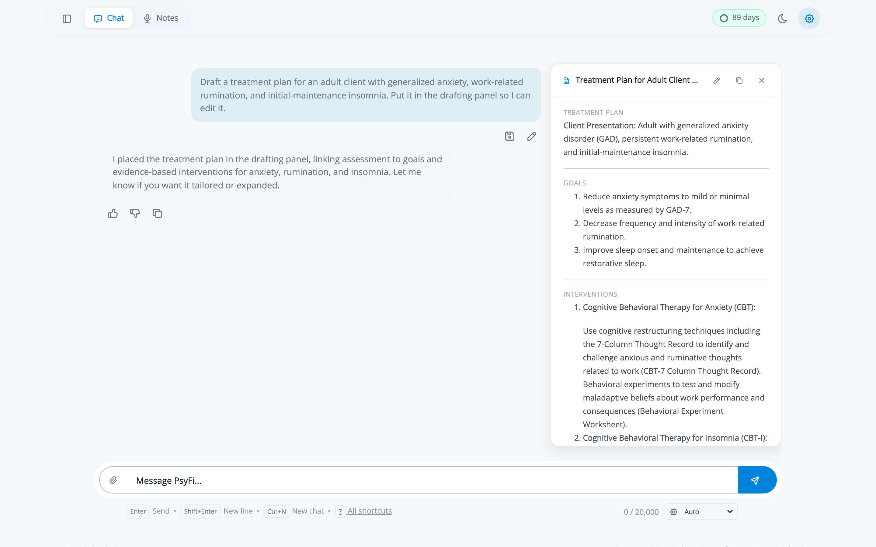 PsyFi Practice with the sidebar collapsed, focused on the chat conversation and the drafting panel side by side