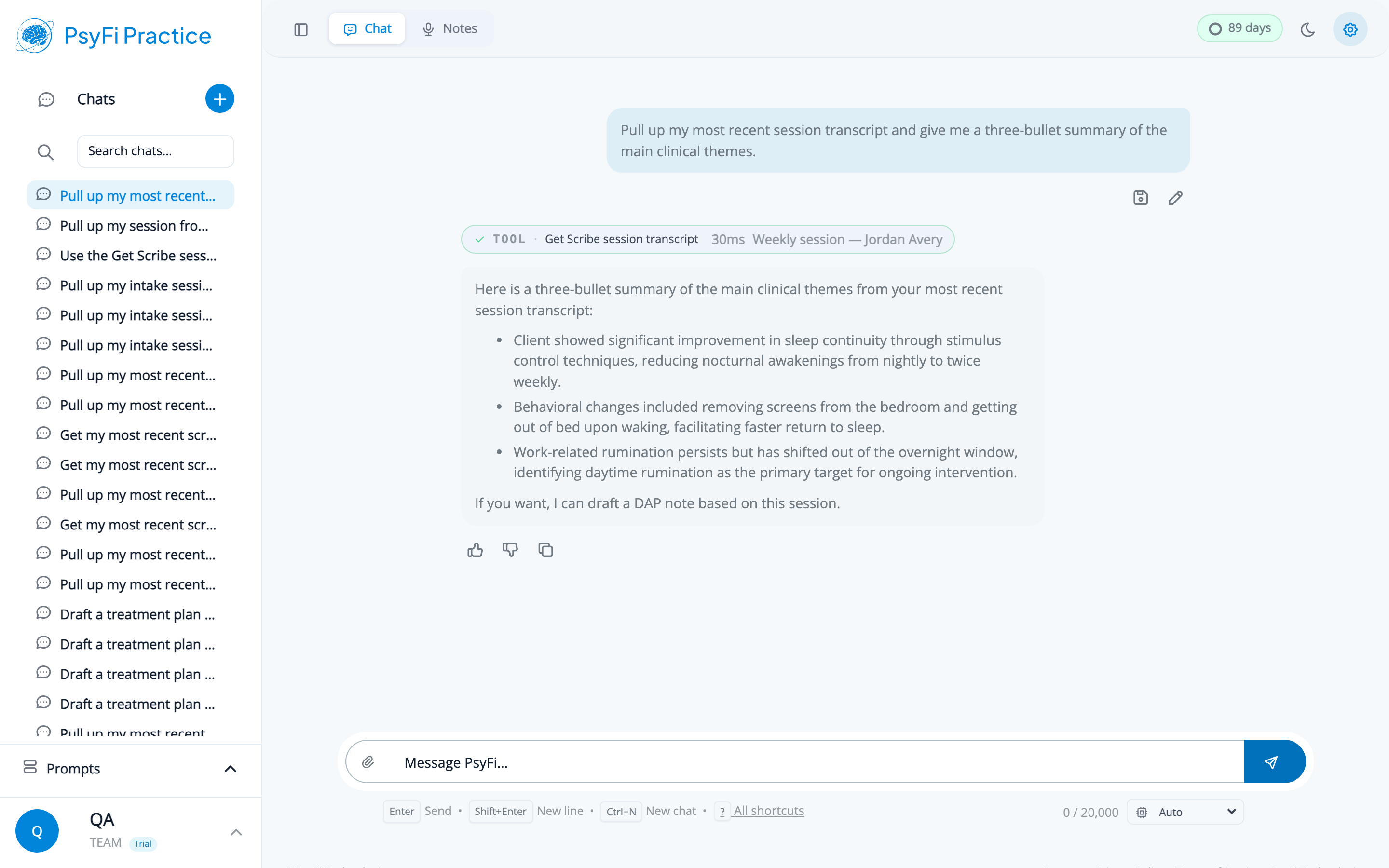 A PsyFi Practice chat showing the Get Scribe session transcript tool chip above a three-bullet clinical summary of the retrieved session